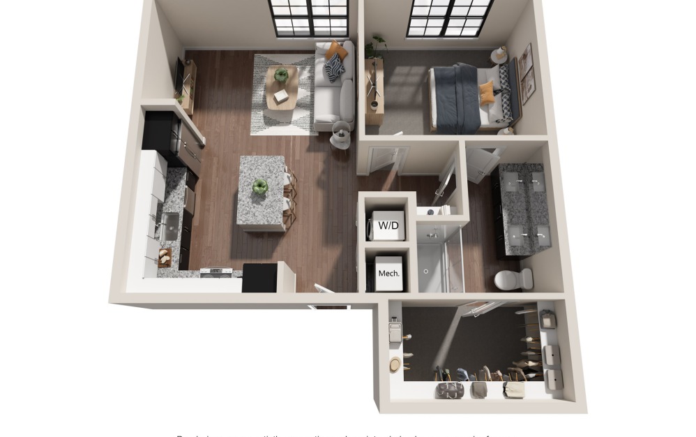 1 BEDROOM RESIDENCES-4 - 1 bedroom floorplan layout with 1 bath and 805 square feet.