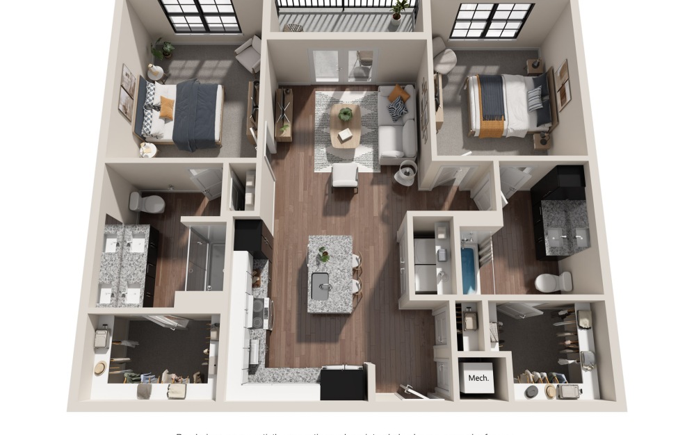 2 BEDROOM RESIDENCES-3 - 2 bedroom floorplan layout with 2 baths and 1174 square feet.