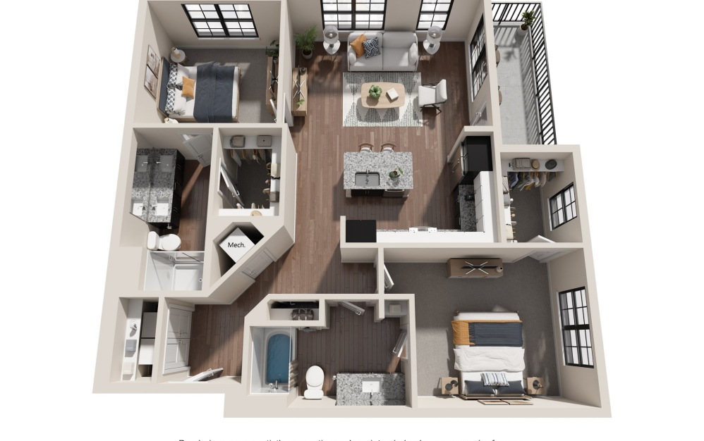 2 BEDROOM RESIDENCES-1 - 2 bedroom floorplan layout with 2 baths and 1120 square feet.