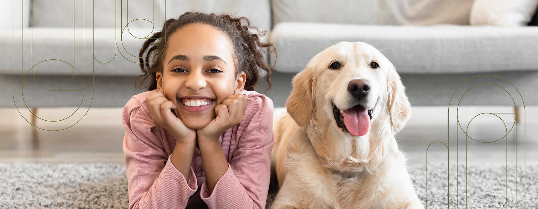 girl poses next to her dog